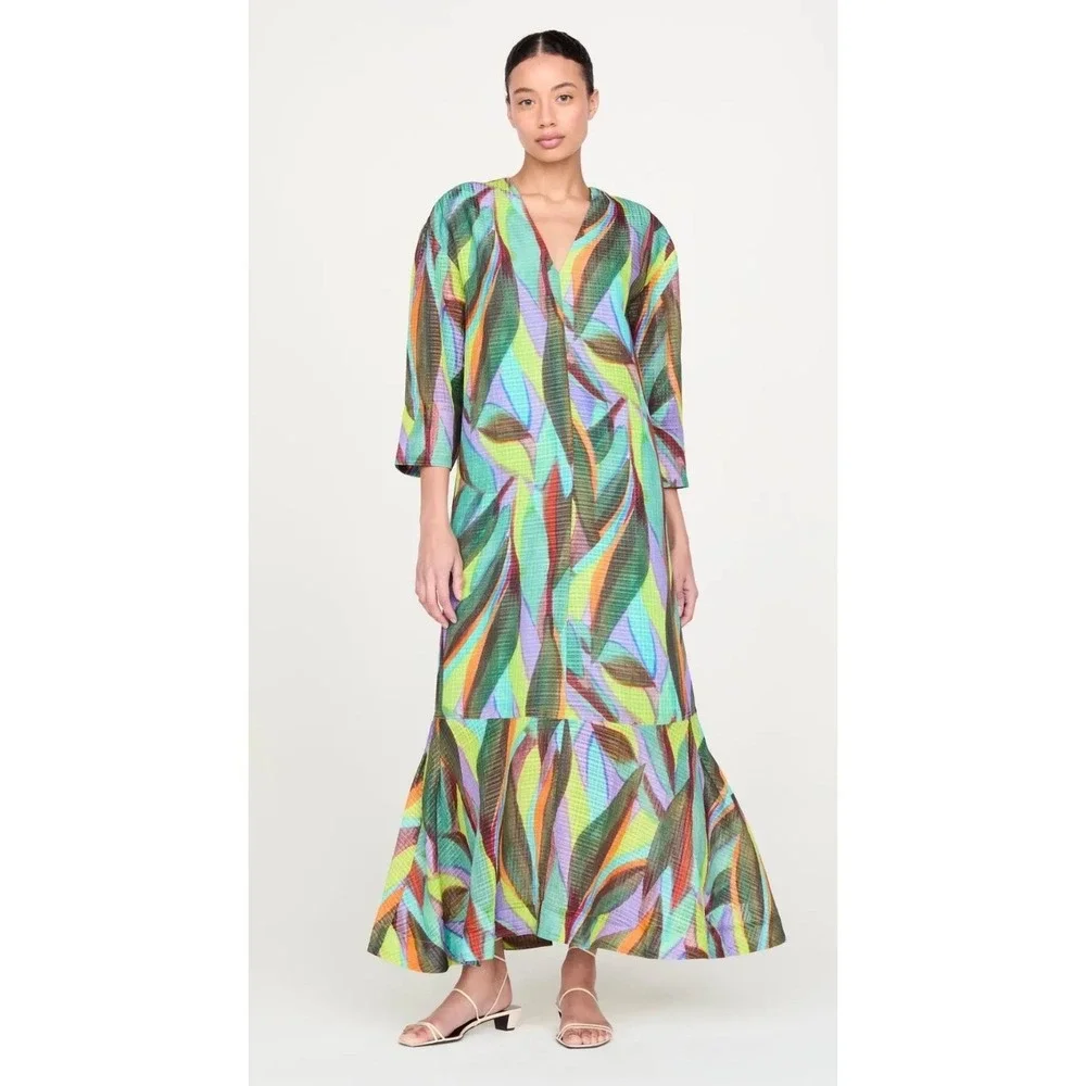 Marie Oliver Marlee Caftan Multi Abstract Leaf Maxi Dress V-Neck‎ XL